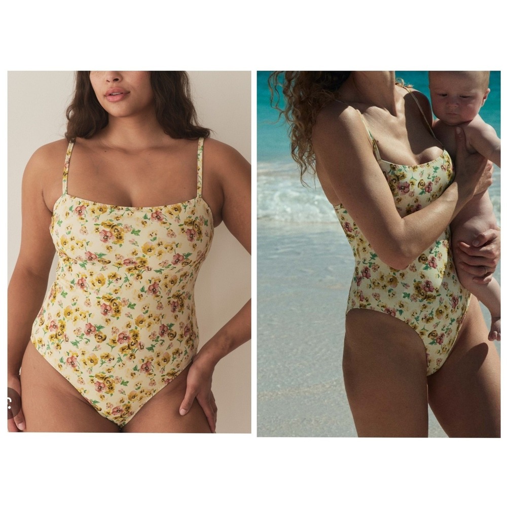 DÔEN Women's One Piece Swimsuit L Yellow Floral Marbella Maillot Cottagecore - Picture 7 of 7